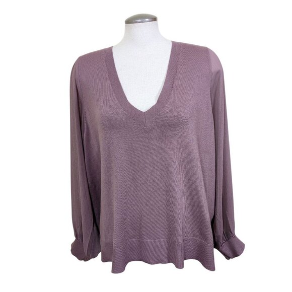 Womens Knit Sweater Plus 3X Mocha Mousse Brown V Neck Boho Sheer Balloon Sleeves - Picture 1 of 7